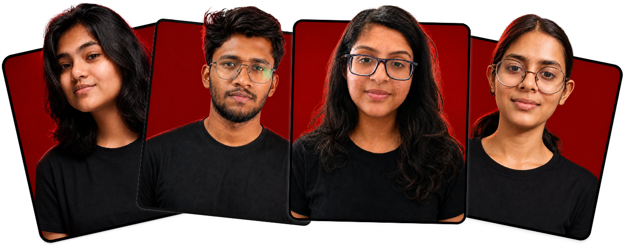 Four Design Chutney students photographed against deep red backdrops